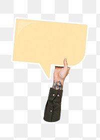 Hand holding png speech bubble sticker, transparent background