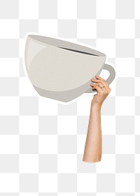 Hand holding png coffee cup sticker, transparent background