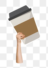 Hand holding png coffee cup sticker, transparent background