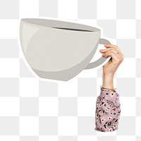 Hand holding png coffee cup sticker, transparent background