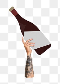 Hand holding png wine bottle sticker, transparent background