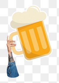 Hand holding png beer glass sticker, transparent background