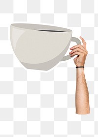 Hand holding png coffee cup sticker, transparent background