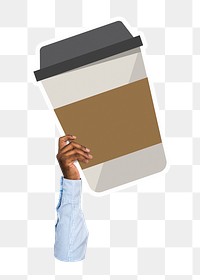 Hand holding png coffee cup sticker, transparent background