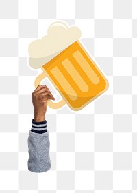 Hand holding png beer glass sticker, transparent background