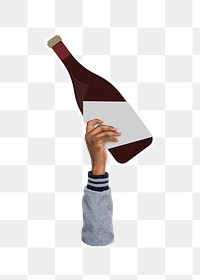 Hand holding png wine bottle sticker, transparent background