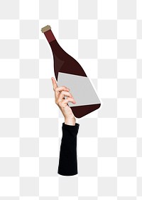 Hand holding png wine bottle sticker, transparent background