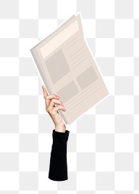 Hand holding png newspaper clipart, transparent background