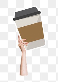 Hand holding png coffee cup sticker, transparent background