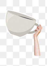 Hand holding png coffee cup sticker, transparent background