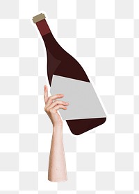 Hand holding png wine bottle sticker, transparent background