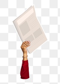 Hand holding png newspaper clipart, transparent background