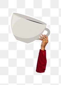 Hand holding png coffee cup sticker, transparent background