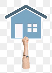 Hand holding png house icon clipart, transparent background