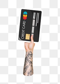 Hand holding png credit card sticker, finance graphic, transparent background