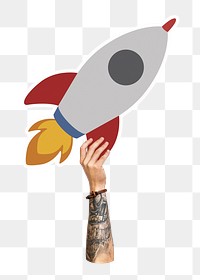 Hand holding png rocket sticker, transparent background