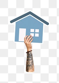 Hand holding png house icon clipart, transparent background