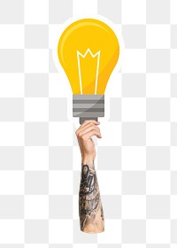 Hand holding png light bulb clipart, transparent background