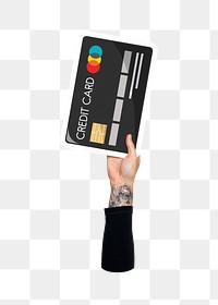 Hand holding png credit card sticker, finance graphic, transparent background