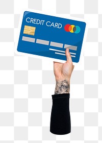 Hand holding png credit card sticker, finance graphic, transparent background