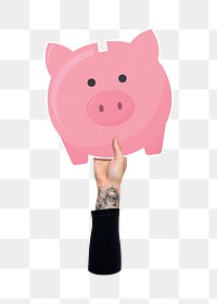 Hand holding png piggy bank sticker, transparent background