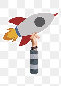 Hand holding png rocket sticker, transparent background