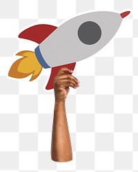 Hand holding png rocket sticker, transparent background