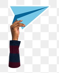 Hand holding png paper plane sticker, transparent background