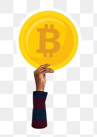 Hand holding png bitcoin sticker, transparent background