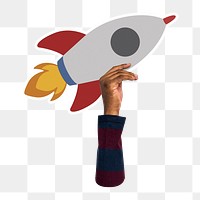 Hand holding png rocket sticker, transparent background