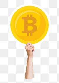 Hand holding png bitcoin sticker, transparent background