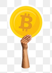 Hand holding png bitcoin sticker, transparent background