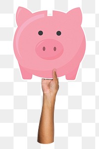 Hand holding png piggy bank sticker, transparent background