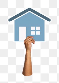 Hand holding png house icon clipart, transparent background