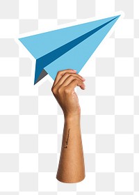 Hand holding png paper plane sticker, transparent background