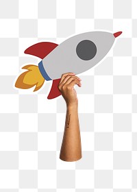 Hand holding png rocket sticker, transparent background