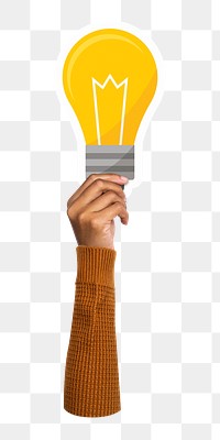 Hand holding png light bulb sticker, transparent background