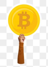 Hand holding png bitcoin sticker, transparent background