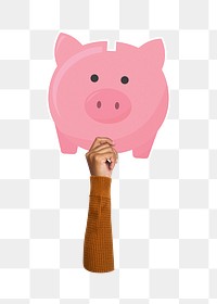 Hand holding png piggy bank sticker, transparent background