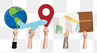 Hands holding png travel icons clipart, transparent background