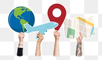 Hands holding png travel icons clipart, transparent background