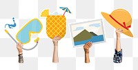 Hands holding png beach icons clipart, transparent background