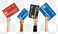 Hand holding png credit card sticker, finance graphic, transparent background