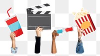 Hands holding png movie icons clipart, transparent background