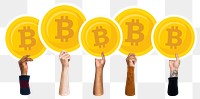 Hands holding png bitcoin sticker, transparent background