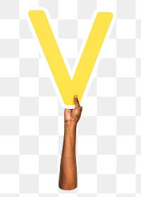 Letter V png hand holding sign, transparent background