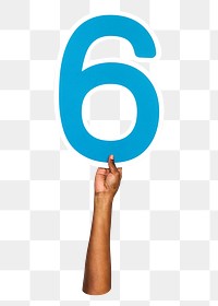 Number 6 png hand holding sign, transparent background