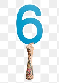 Number 6 png hand holding sign, transparent background