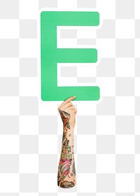 Letter E png hand holding sign, transparent background