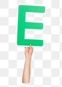 Letter E png hand holding sign, transparent background